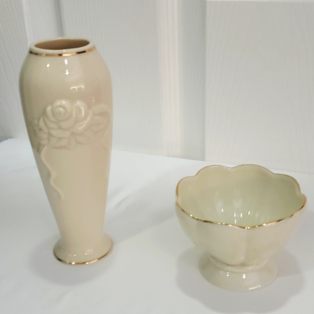 2 PC BUNDLE LENOX VTG 80s 24K GOLD TRIM ROSE BUD VASE & SMALL DISH
